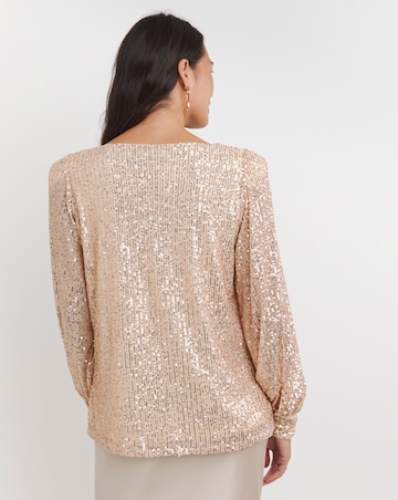 Champagne Sequin Slash Neck Volume Sleeve Top