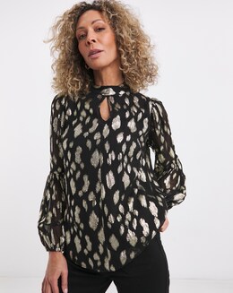 Blouse Femme Jd Williams Noir Imprimé Géométrique – Dos Plongeant, Manches Longues