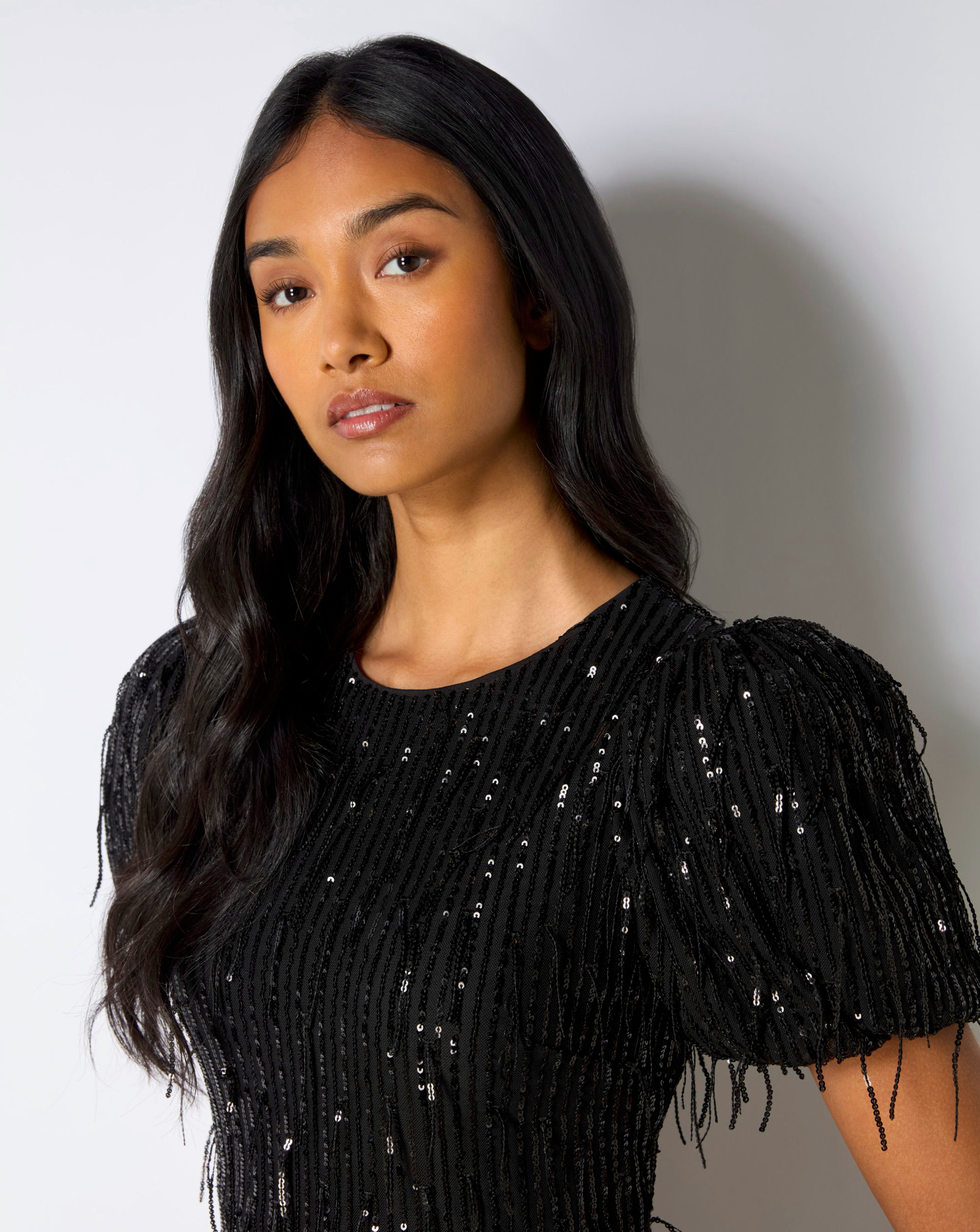 Ro&Zo Gina Black Fringe Sequin Puff Sleeve Midi Dress | JD Williams