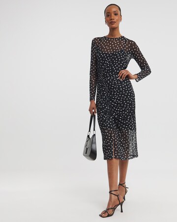 Spot Mesh Ruched Midi Dress