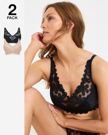 Pretty Secrets (2 Pack) Daisy Lace Non Wired Padded Plunge Bras (B-F) Blk/Almond