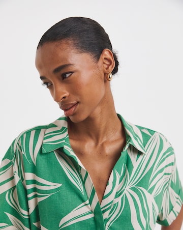 Linen Mix Collared Short Sleeve Tunic Dress