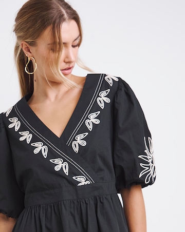 Simply Be Black Embroidered Cotton Poplin Wrap Dress
