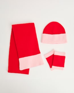 Red Contrast Scarf Hat &amp; Handwarmer Set
