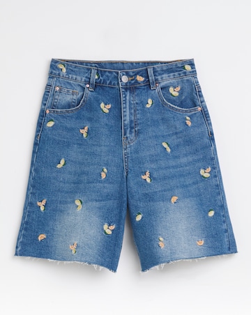 Simply Be Mid Blue Fruit Embroidered Denim Bermuda Short