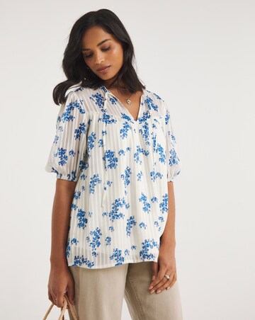 Blue Floral Print Burnout Stripe Top