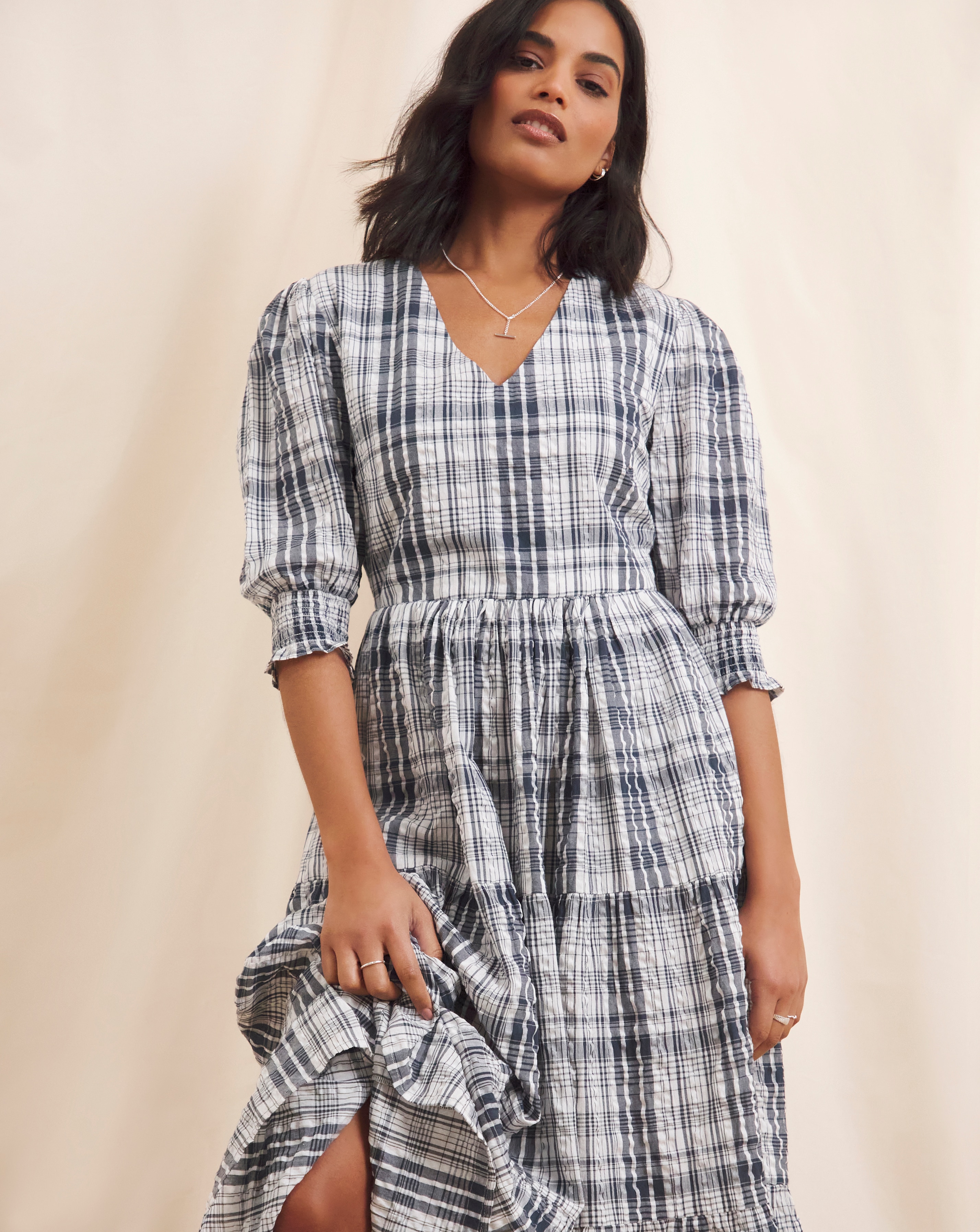 Anise Check Seersucker Erica V Neck Tiered Midi Dress | JD Williams