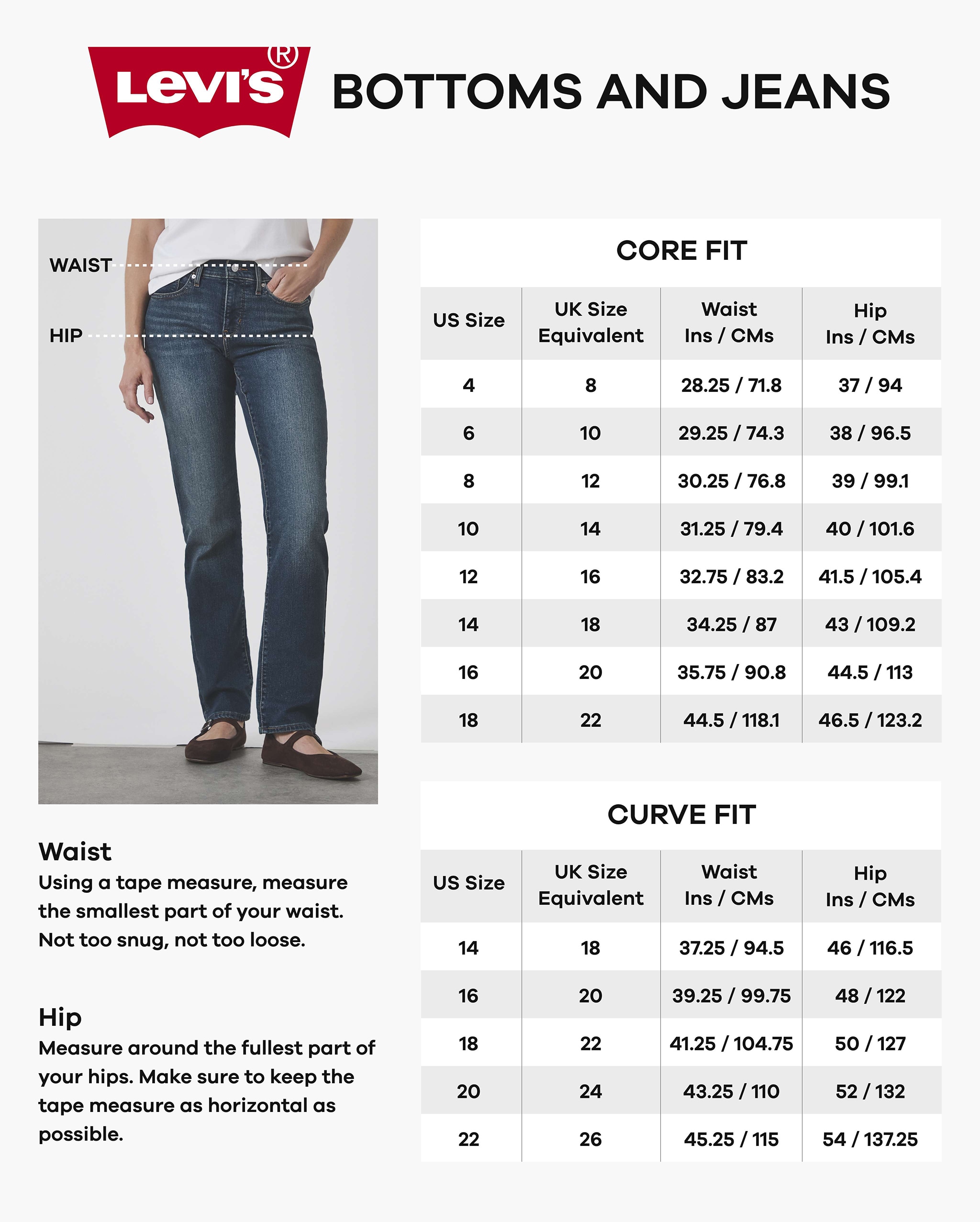 Levi's bottoms and jeans size guide