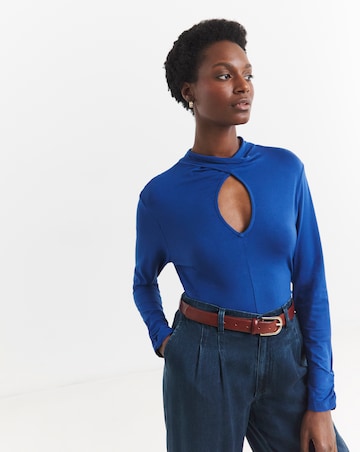 Blue High Neck Long Sleeve Cut Out Detail Top