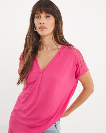 V Neck Grown on Sleeve Trim Insert Longline Top