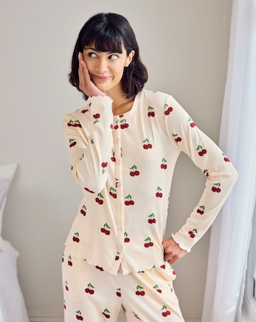 Chelsea Peers Cardigan Ribbed Long Pyjama Set Cherry Print