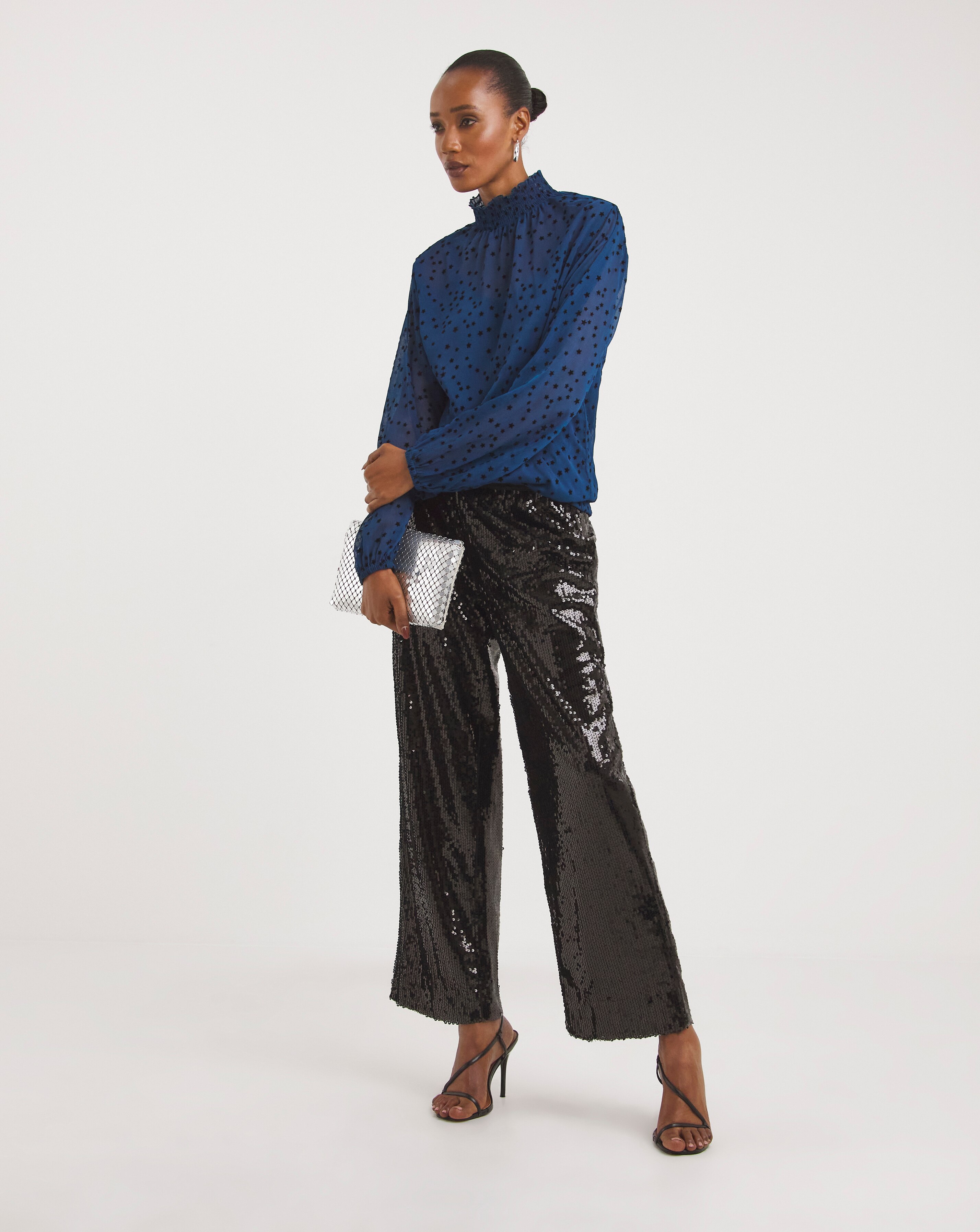 Black Pull On Sequin Straight Leg Trouser