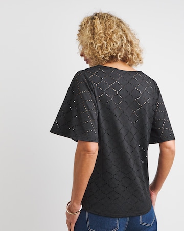 Black Stretch Jersey Short Sleeve Broderie Top