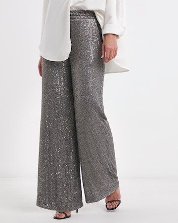 Slate Grey Stretch Sequin Wide Leg Trousers