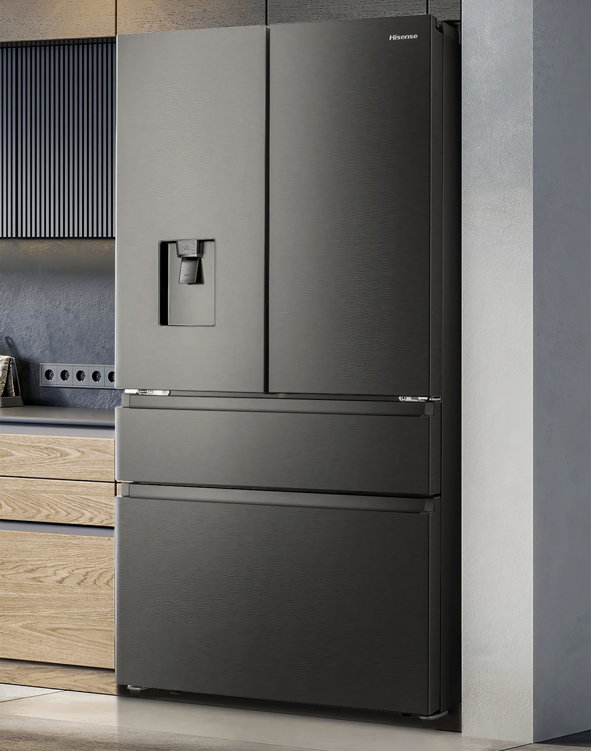 A big dark grey Hisense fridge freezer