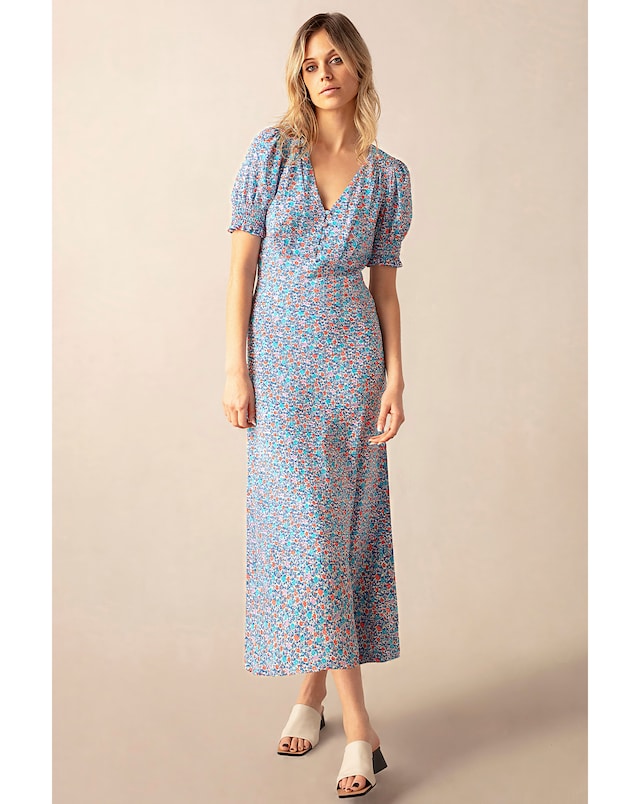 Ro&Zo Ditsy Print Shirred Cuff Midi Dress