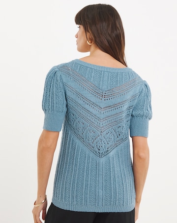 Blue Crochet V Neck Short Sleeve Jumper