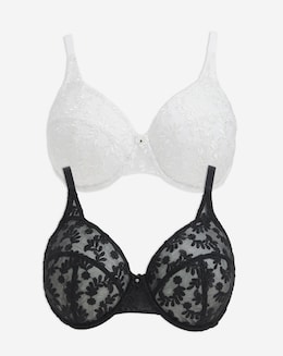 Pretty Serets Lesley 2 Pack Everyday Full Cup Embroidered Bras B-F - Black/White