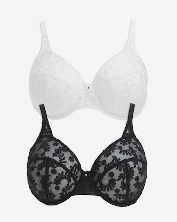 Pretty Serets Lesley 2 Pack Everyday Full Cup Embroidered Bras B-F - Black/White