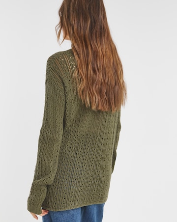 Khaki Pointelle All Over Stitch V Neck Tunic