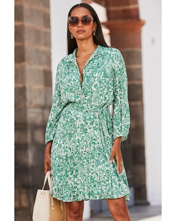 Sosandar White and Green Baroque Print Crinkle Shirt Dress