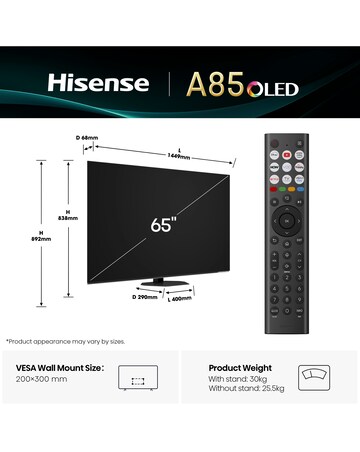 Hisense 65A85QTUK 65in OLED 4K Ultra HD HDR Smart TV