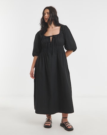 Simply Be Black Cotton Poplin Tie Front Midi Dress