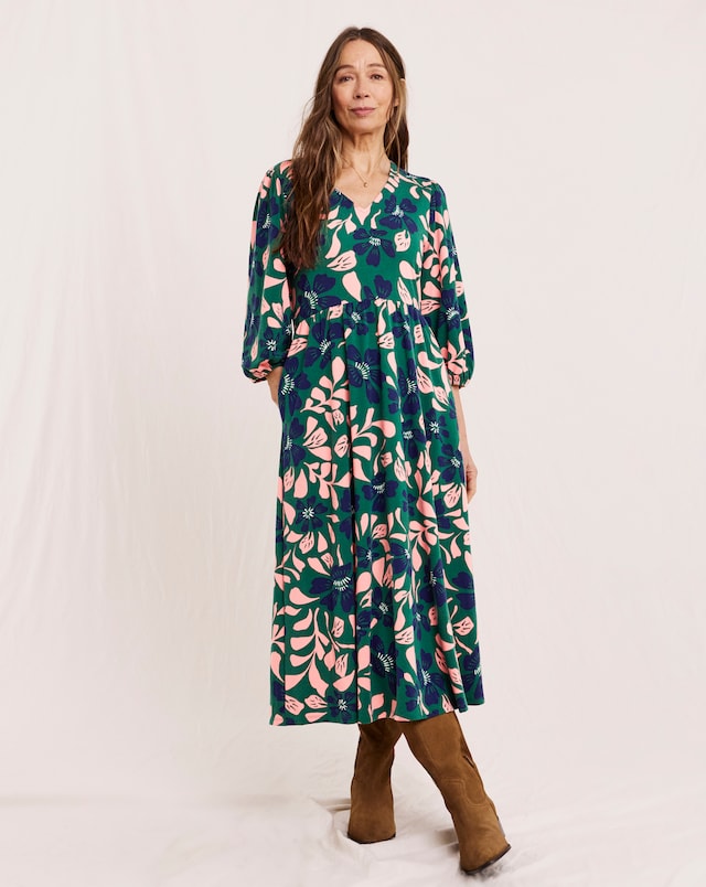 knee length dresses for ladies Flowing Midi Dress with 3/4 Sleeves and Dramatic Drape Spring/Summer ' –  Kosher Casual USA main image 0