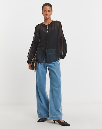 Womens Georgette Tie Detail Collarless Blouse - Black