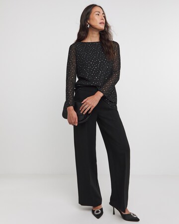 Black Crew Neck Long Sleeve Glitter Mesh Top