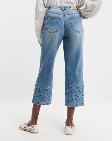 Mid Blue Broderie Straight Leg Crop Jeans