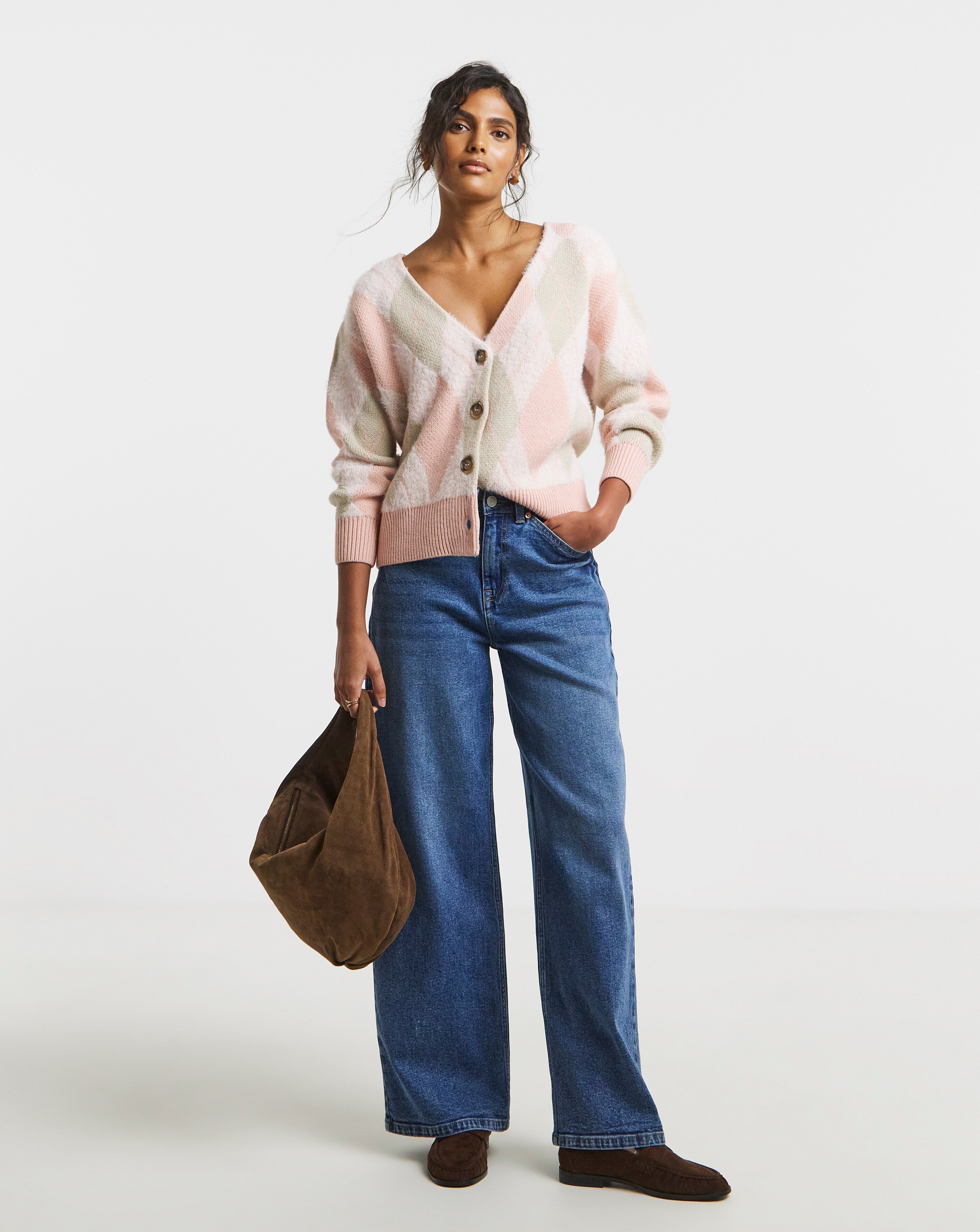 Simply Be Pink Fluffy Argyle Boyfriend Cardigan | JD Williams
