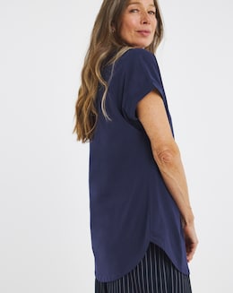 Pure Cotton Navy Relaxed Short Sleeve Longline Top