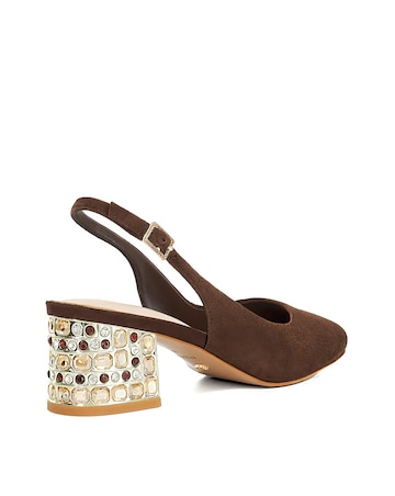 Dune Catharine Brown Suede Slingback Jewel Embellished Block Heel