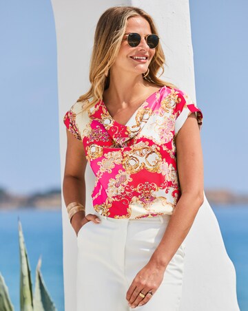 Sosandar Pink & Red Baroque Print Cowl Neck Satin Top