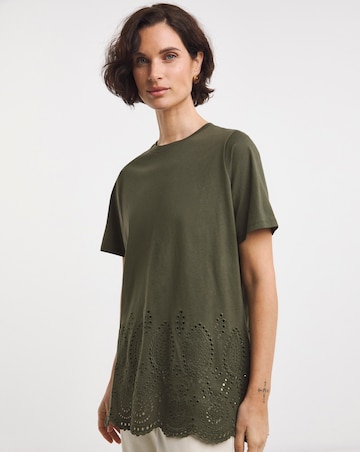 Pure Cotton Khaki Short Sleeve Broderie Hem Top