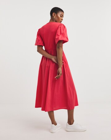 Jersey Midi Dress With Poplin Puff Sleeves