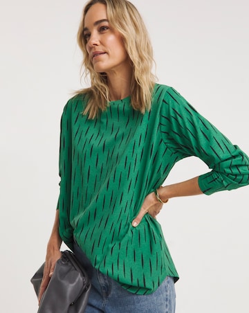 Green Print Longline Long Sleeve Curved Hem Top