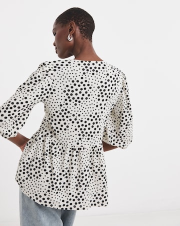 Mono Print Bow Blouson Peplum Top