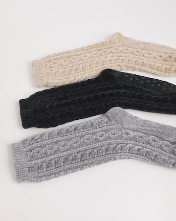 3 Pair Pack Thermal Cable Knit Fleece Slipper Socks - Black/Beige/Grey