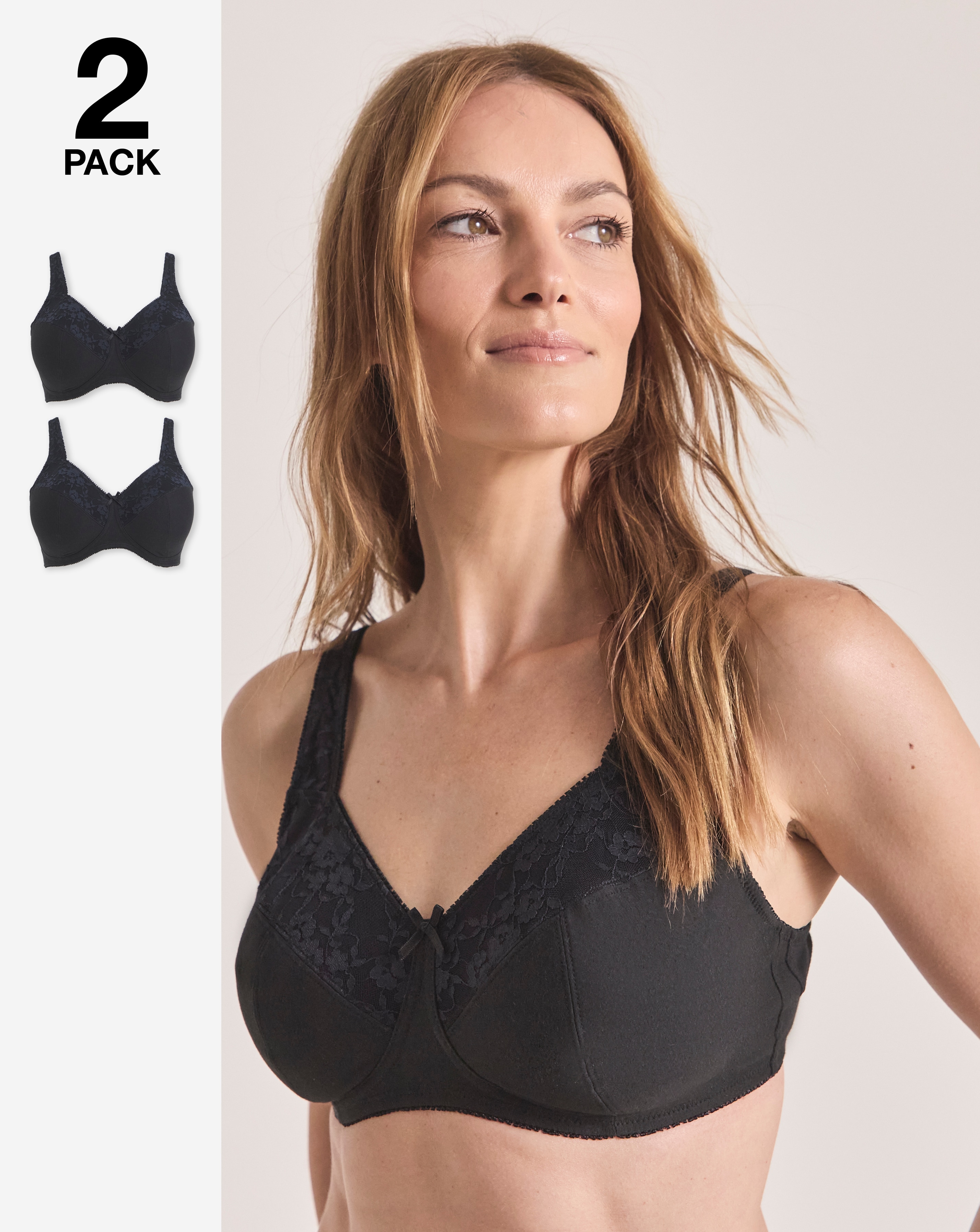 Pretty Secrets (2 Pack) New Sarah Cotton Full Cup Non Wired Bras (B-G) Blk/Blk
