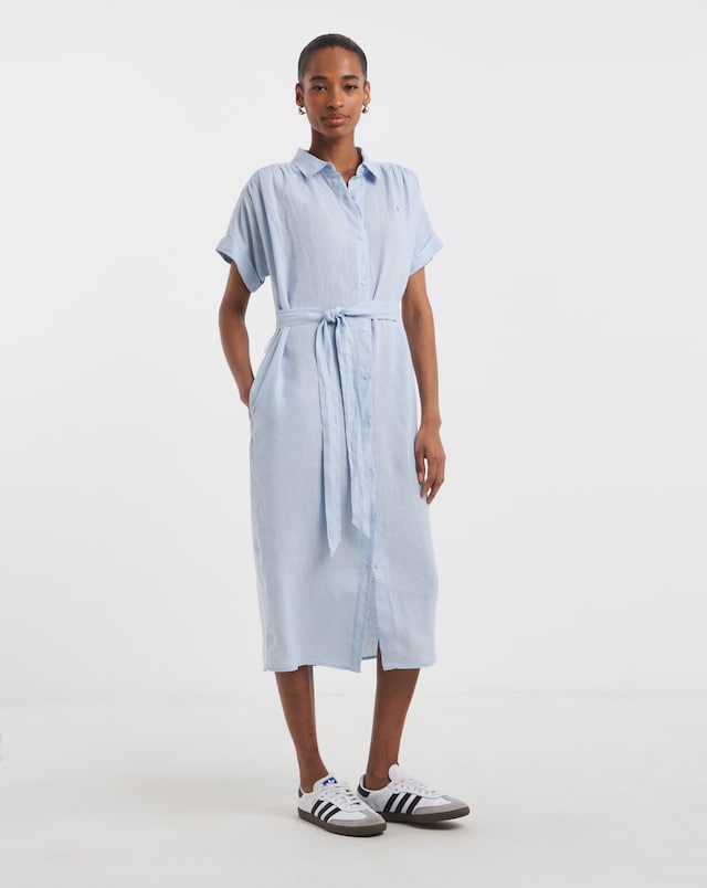 Tommy Hilfiger Linen Belted Short Sleeve Midi Dress