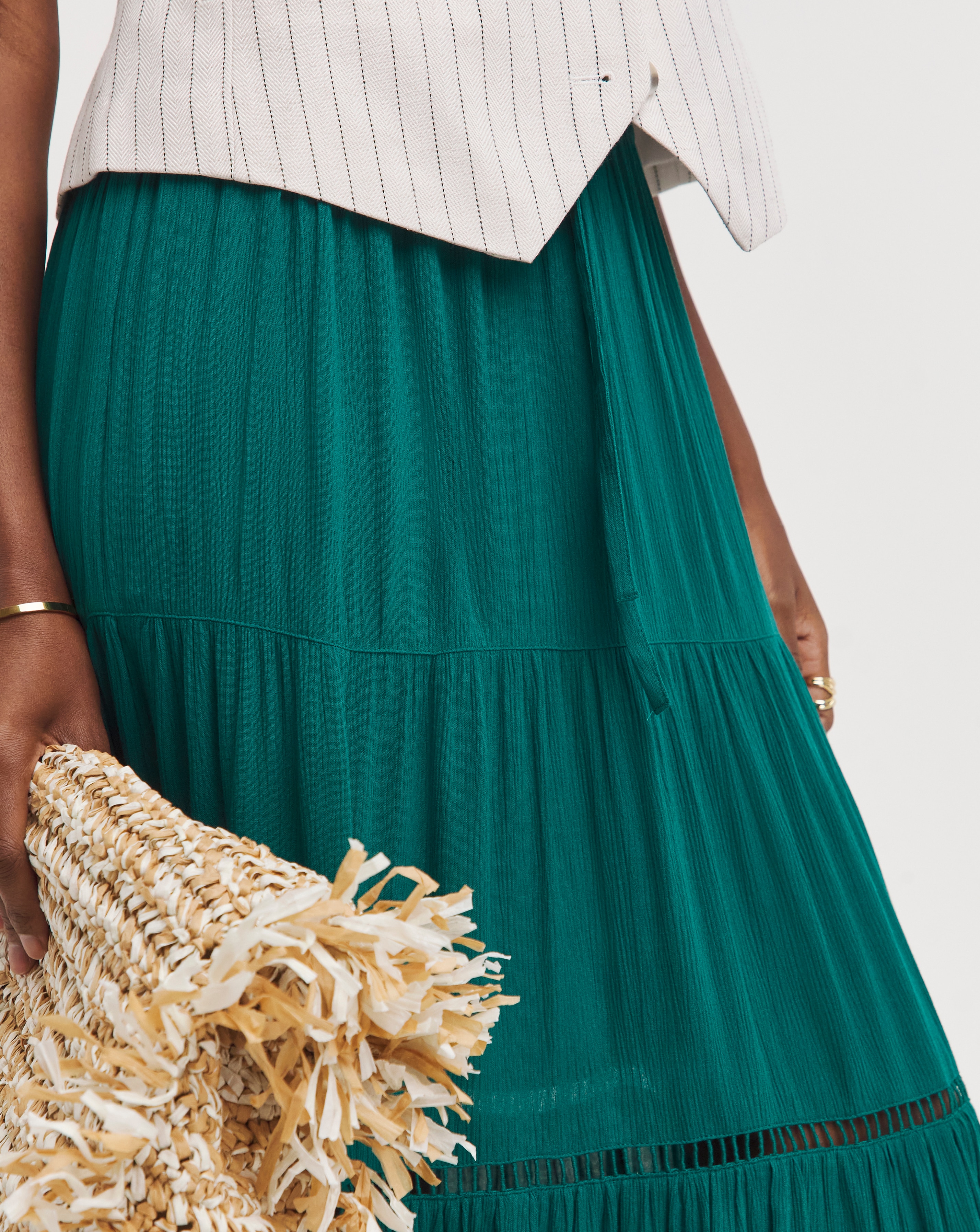 Green Crinkle Tiered Midi Skirt | JD Williams