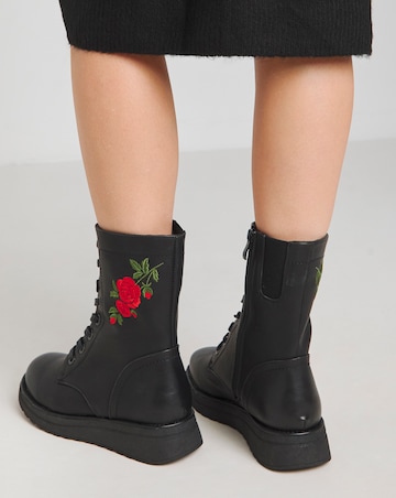 Heavenly Feet Floral Martina Lace Up Chunky Boot Wide E Fit