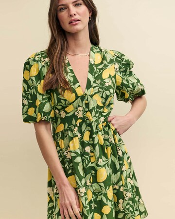 Nobody's Child Green Lemon Print Linen-Blend Starlight Mini Dress