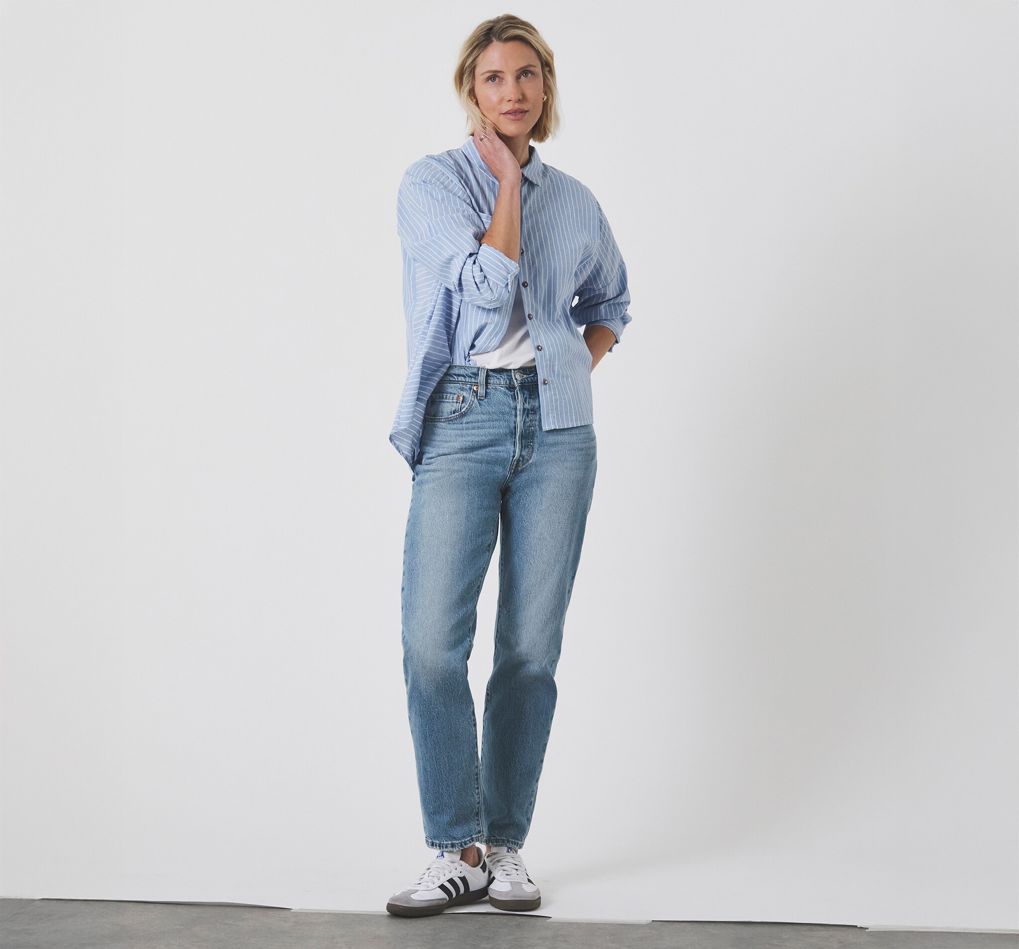 A lady wearing Levi's denim jeans
