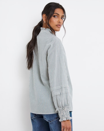 Blue Stripe Pleat Three Quarter Sleeve Blouse