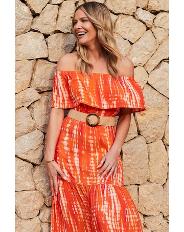 Sosandar Orange Tie Dye Tiered Hem Bardot Maxi Dress