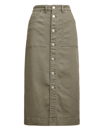 Khaki Midi Button Front Denim Skirt