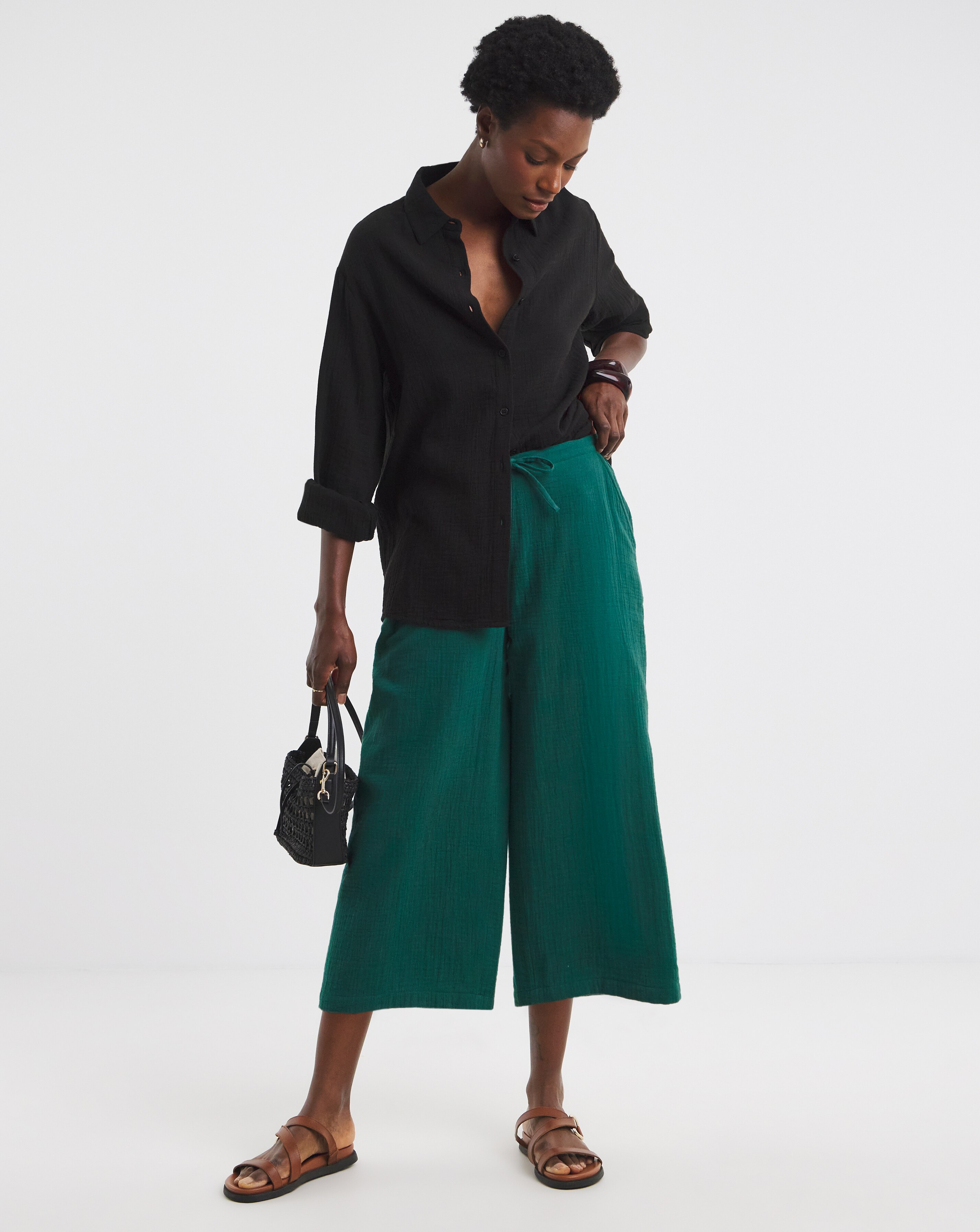 Pure Cotton Textured Cropped Wide Leg Culottes